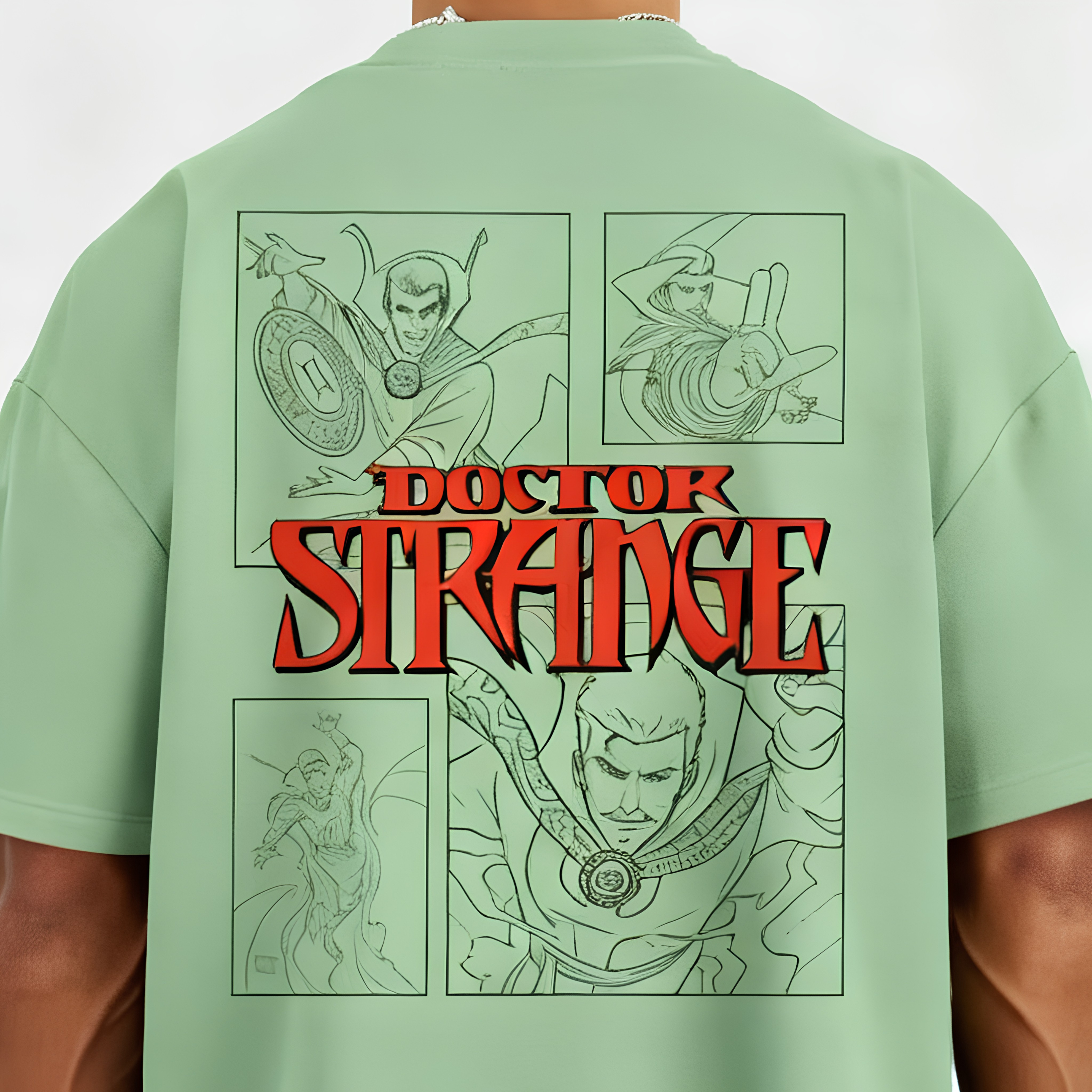 "Doctor Strange Vintage Comic Grid" Graphic Oversized T-Shirt in Sage Green